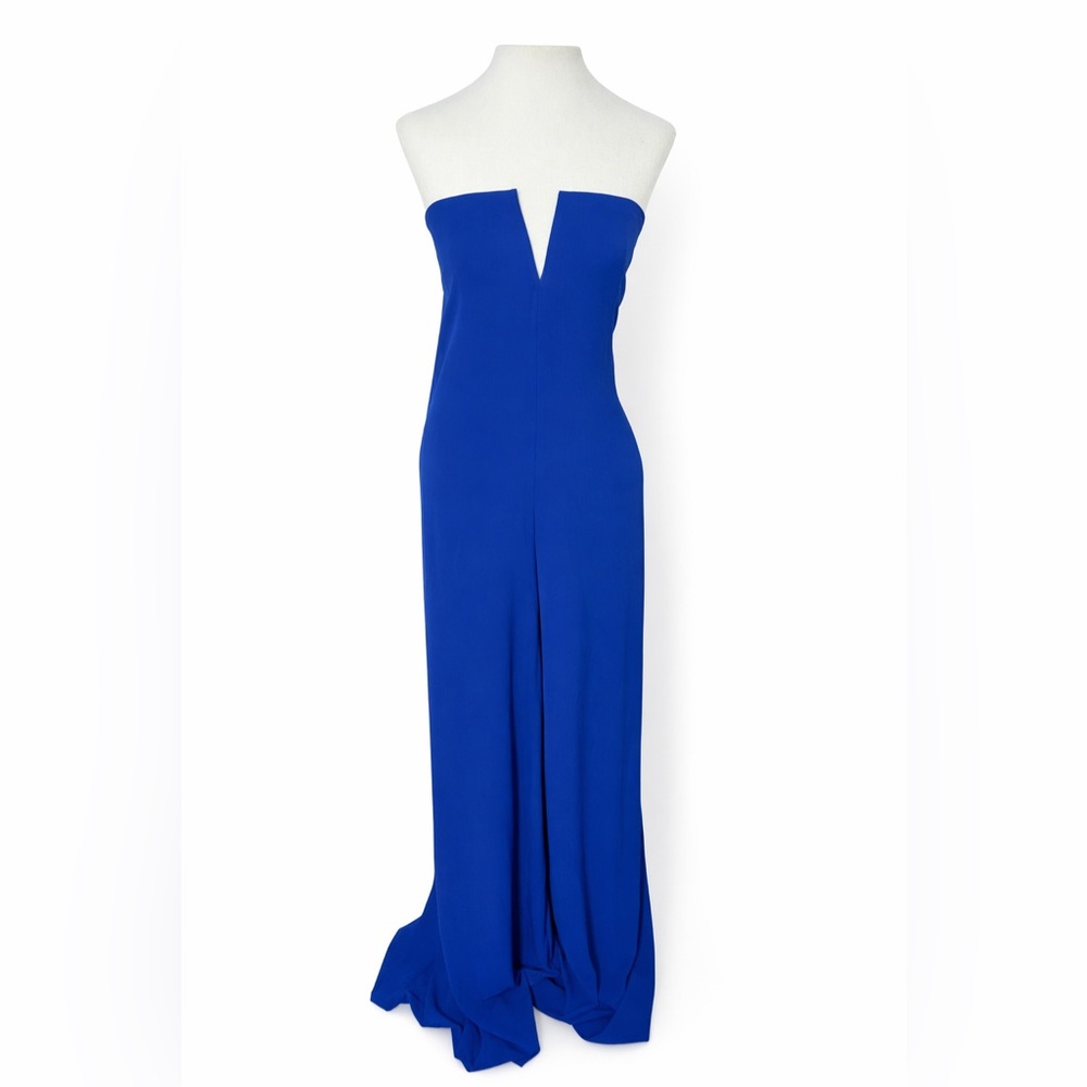 Fashion Nova Strapless Jumpsuit Blue Wide Leg Deep V Stretch Size L